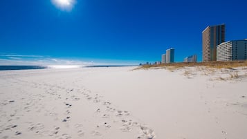 A sandy beach with footprints leading towards the ocean and buildings in the background.
