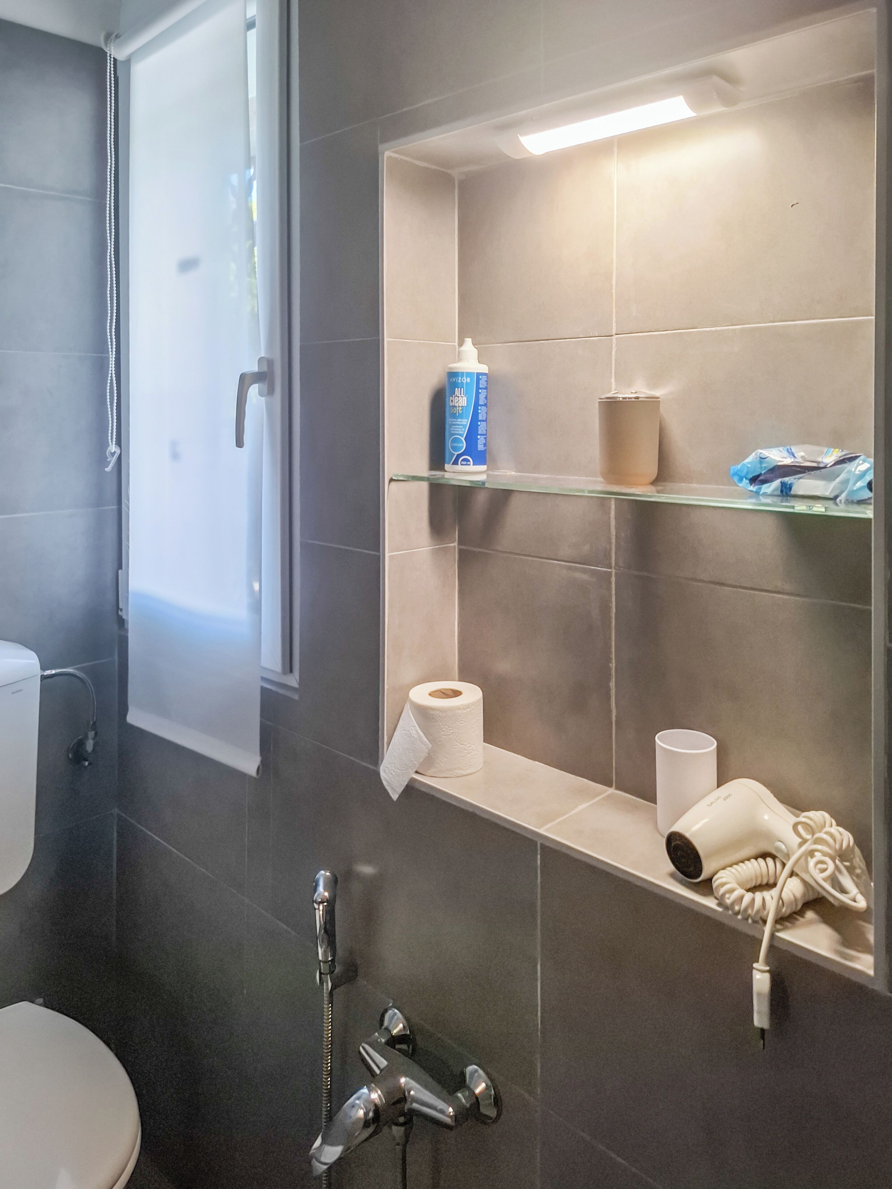 A bathroom with a toilet, a shower, and a shelf with toiletries.