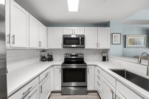 A modern kitchen with white cabinetry, a stainless steel microwave, a built-in oven, and a coffee maker. - stunning Gulf views, resort-style amenities, and an unbeatable location (Panama City Beach)