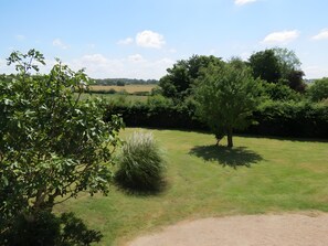 Un campo cubierto de hierba con árboles y cielo despejado.