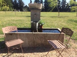 Un élément décoratif aquatique en béton, composé d’un bassin en pierre et d’un seau en métal, le tout entouré de deux chaises en métal ornées de motifs floraux.
