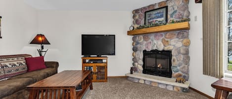 TV, fireplace, DVD player, video library