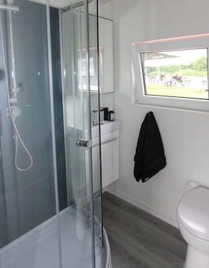 Shower, towels, toilet paper