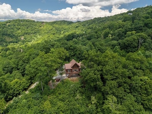 Eine Hütte, umgeben von dichtem Wald, mit blauem Himmel darüber.