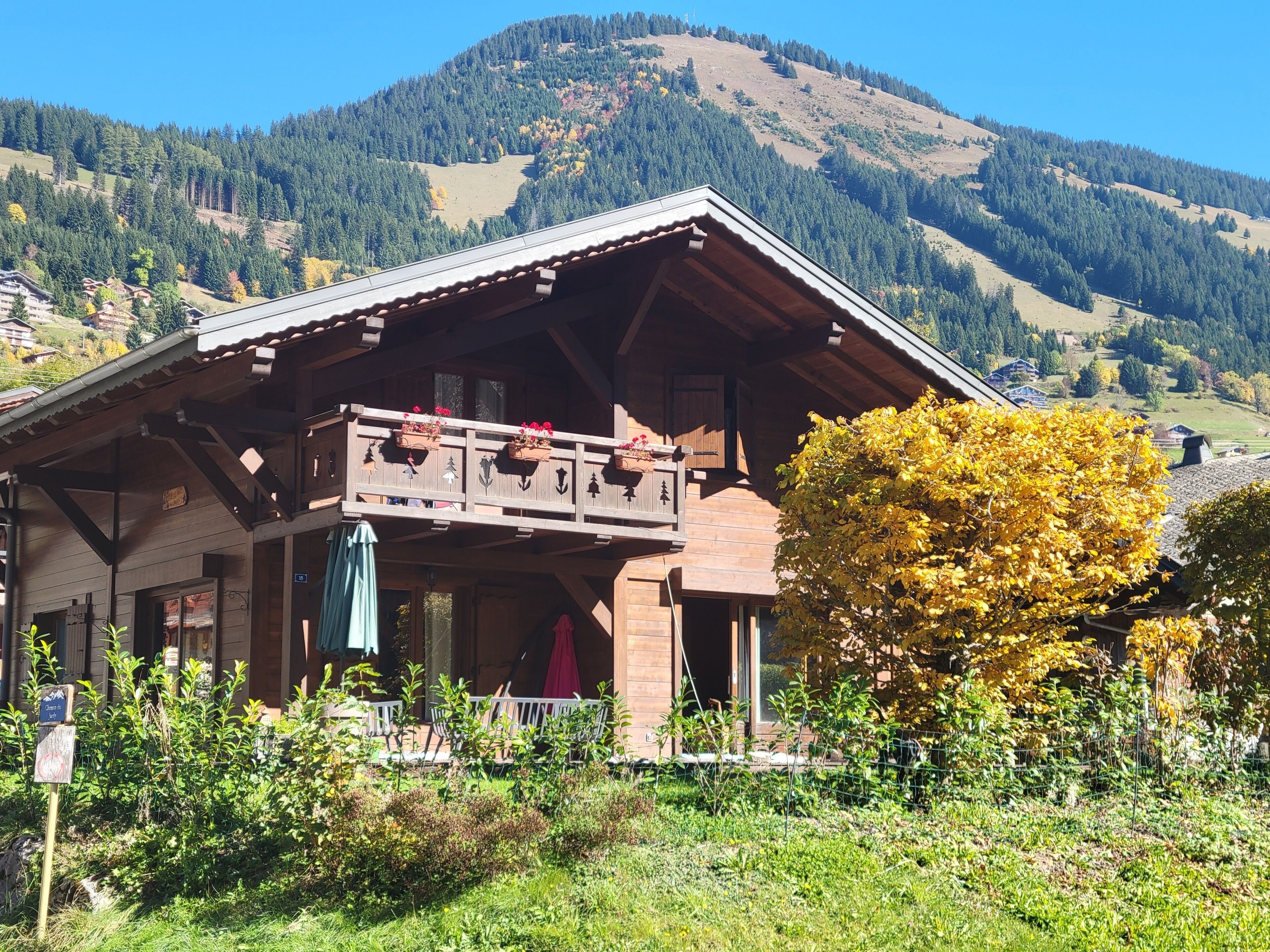 A wooden chalet with a balcony, surrounded by greenery and a mountain backdrop.