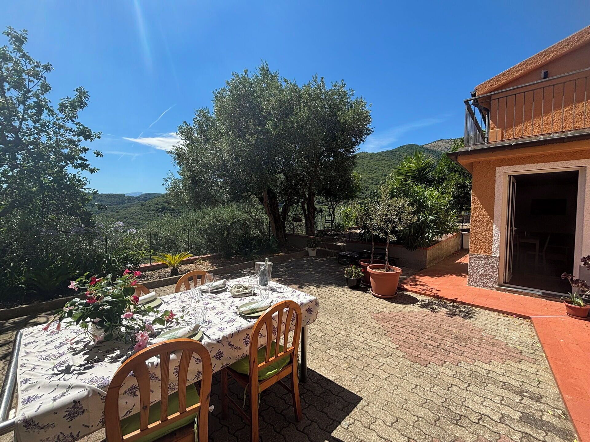 Un espace extérieur aménagé pour prendre les repas, avec une table dressée pour deux personnes, entouré de plantes en pot et offrant une vue sur la campagne.