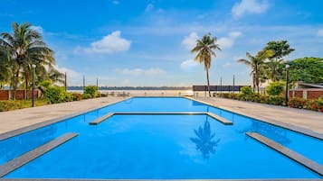 A rectangular swimming pool with clear blue water, surrounded by a paved deck and palm trees.