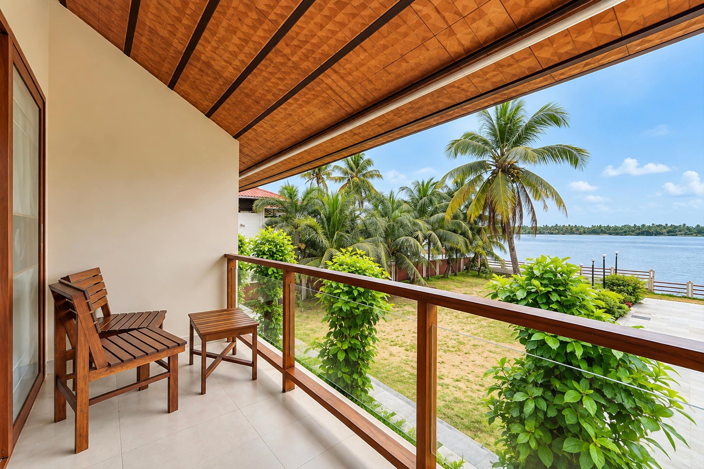 A balcony with wooden furniture, a view of palm trees and a body of water.