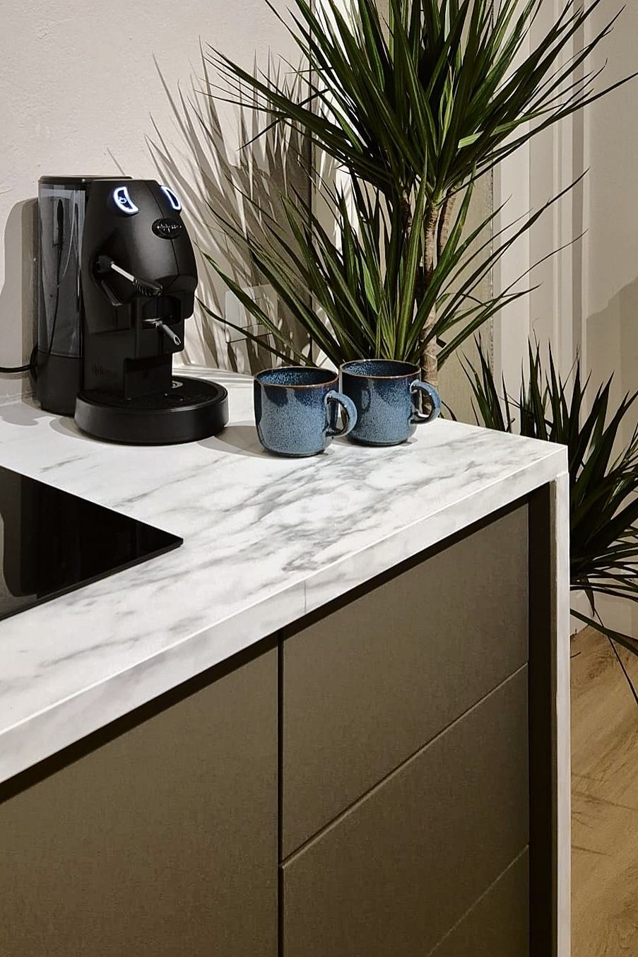 Eine Küchenarbeitsplatte mit einer Kaffeemaschine, zwei Tassen und einem Blumentopf.