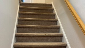 Un escalier recouvert de moquette, avec une rampe blanche et une porte fermée en haut.