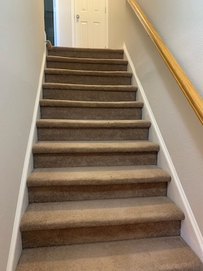 A carpeted staircase with a white handrail and a closed door at the top. - Better Days (Charlotte)