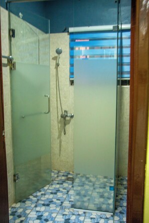 Douche, serviettes fournies, papier toilette