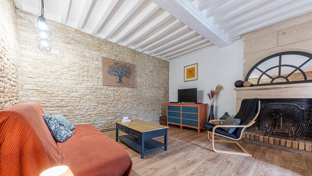 Een gezellige woonkamer met een stenen muur, een open haard, een bank, een televisie en een houten salontafel.