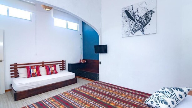 Een slaapkamer met een bed, een kamerbreed tapijt met patroon, een televisie aan de muur en een raam.