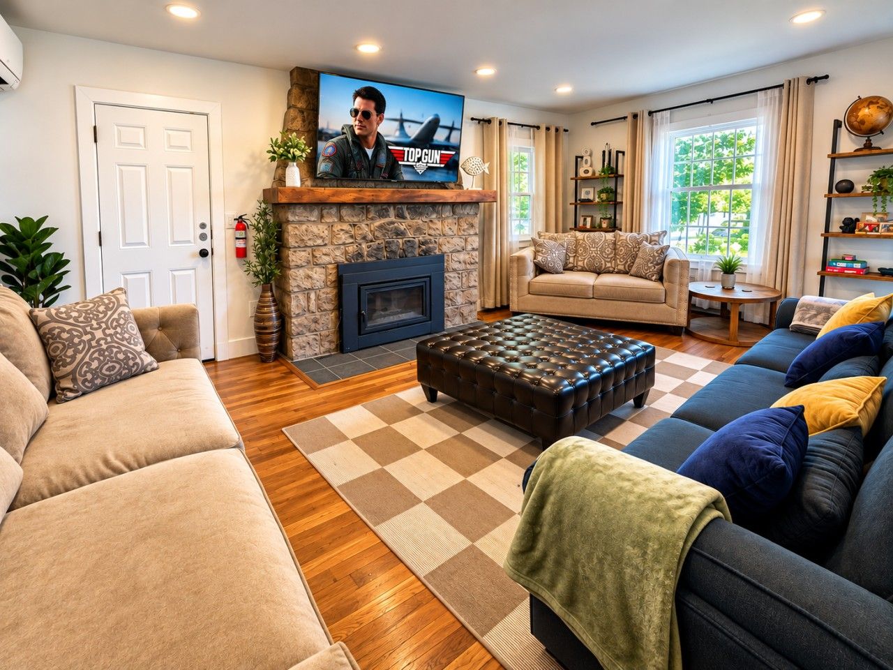 A living room with a fireplace, a television, a sofa, a coffee table, and a bookshelf.