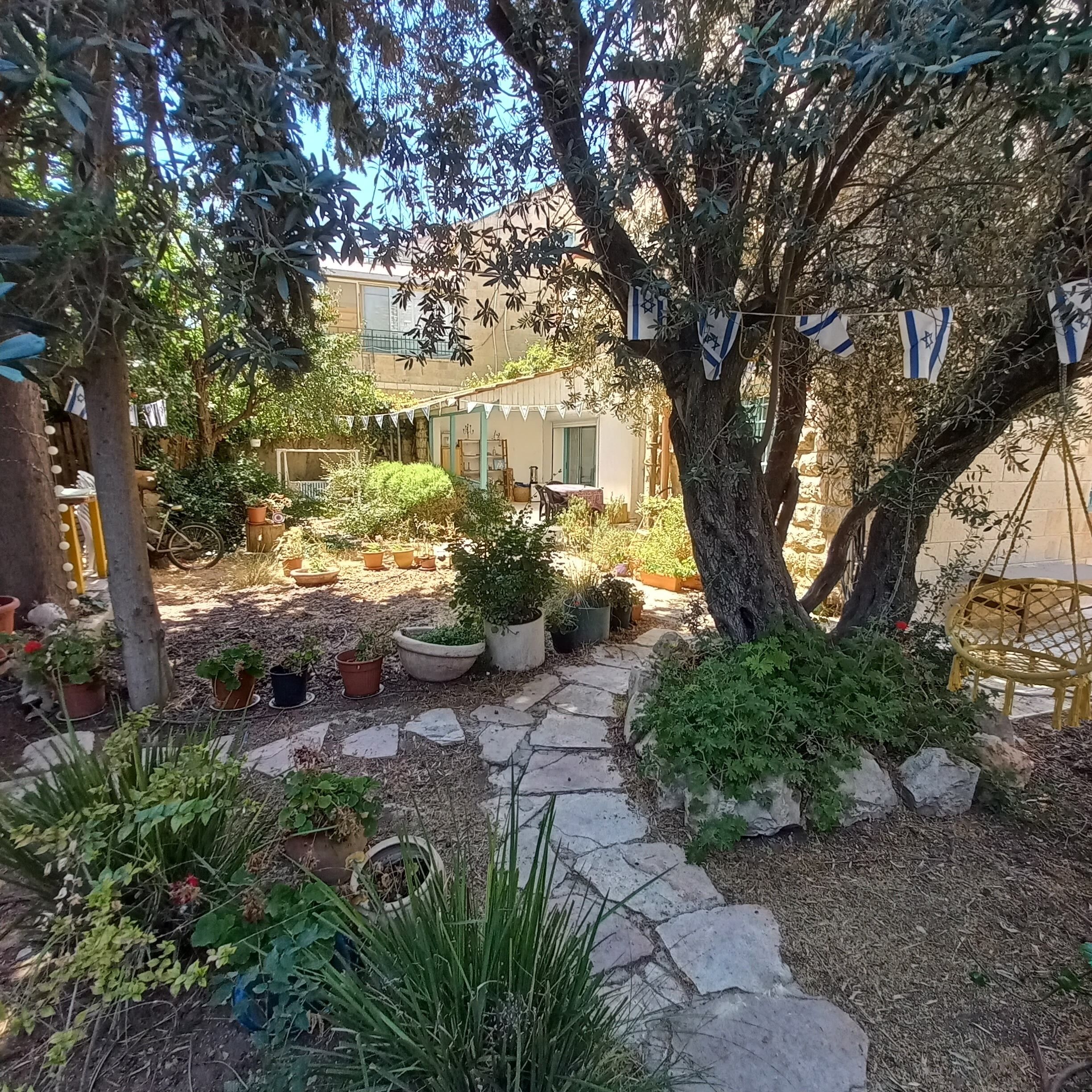 A garden with a stone pathway, potted plants, and a building in the background.