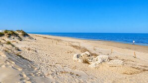 Una playa arenosa con un cielo azul despejado y una persona caminando.