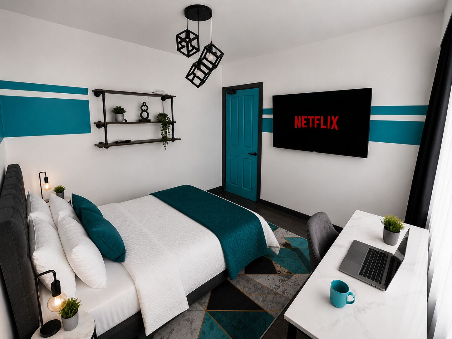 A modern bedroom with a bed, desk, TV, and decorative items.