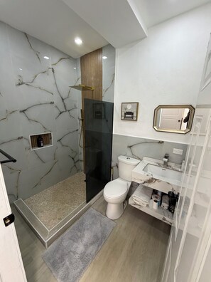 Douche, séchoir à cheveux, serviettes fournies, savon