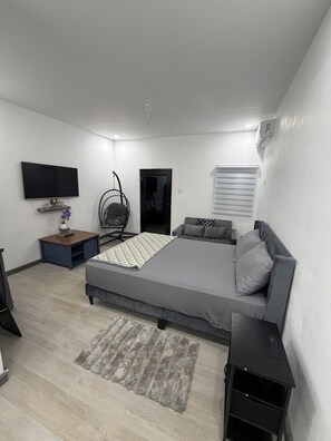 A modern bedroom with a bed, a TV, a hanging chair, a desk, and a wardrobe. - Cozy 1-bedroom apartment in delightful Santa Cruz with AC (Santa Cruz)