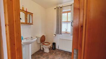A bathroom with a toilet, sink, and window with curtains.