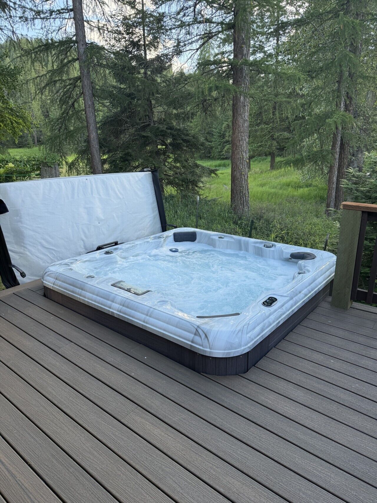 Una vasca idromassaggio su un pontile di legno, circondata da alberi.