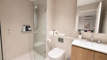Shower, hair dryer, towels, shampoo