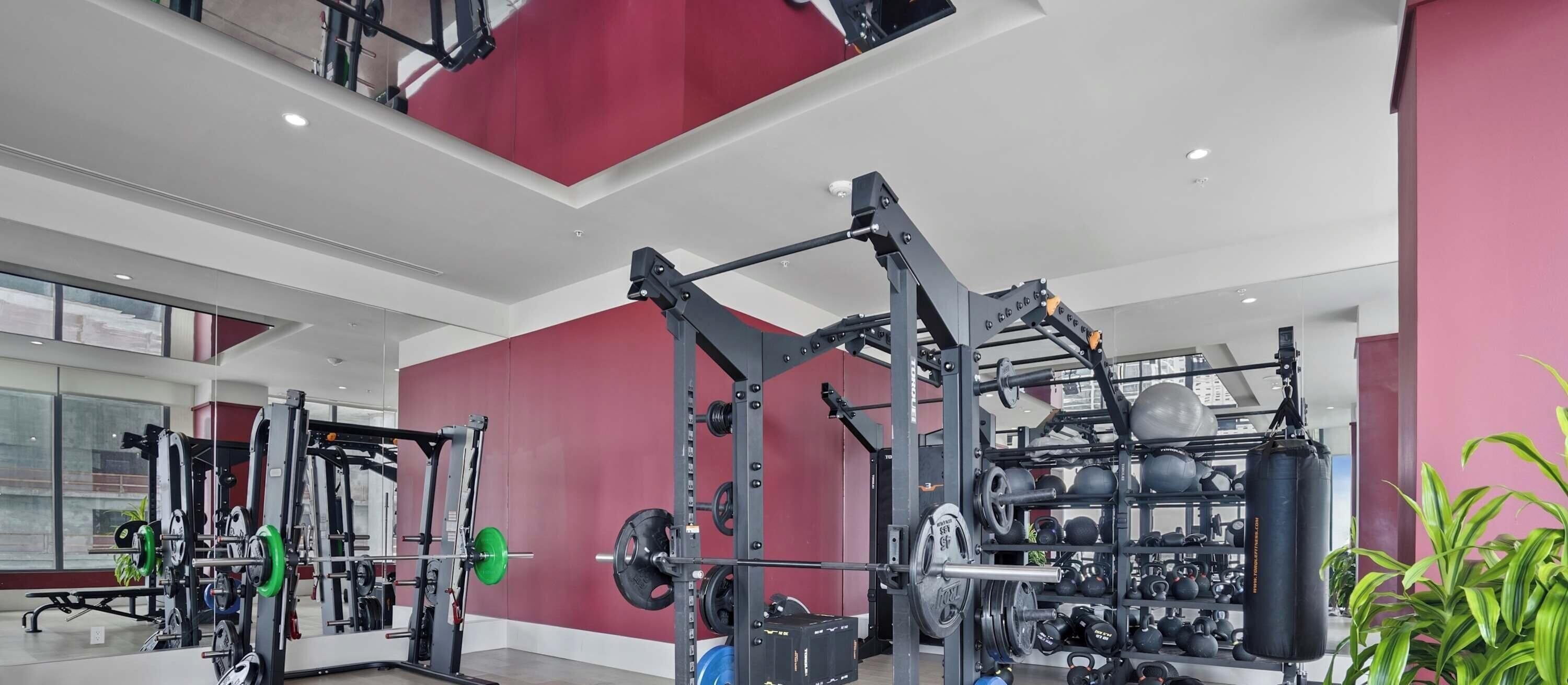 A modern gym with various weightlifting equipment, including a squat rack and free weights.