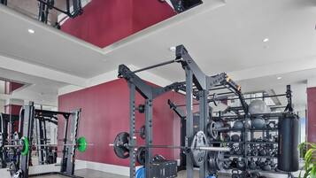 A modern gym with various weightlifting equipment, including a squat rack and free weights.