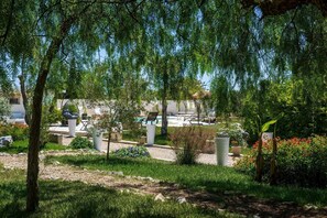 A garden with trees, a pool, and outdoor seating. - Casina Le Rene – Con Ampio giardino e Piscina Privata (Poggiardo)