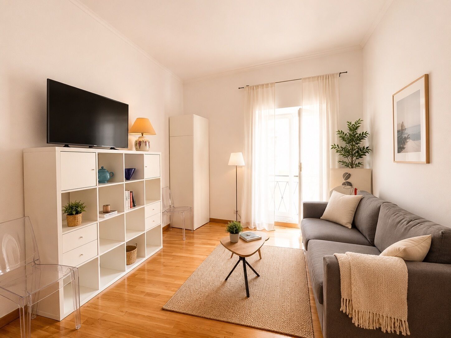 A living room with a sofa, TV, white shelving unit, and a clear chair.