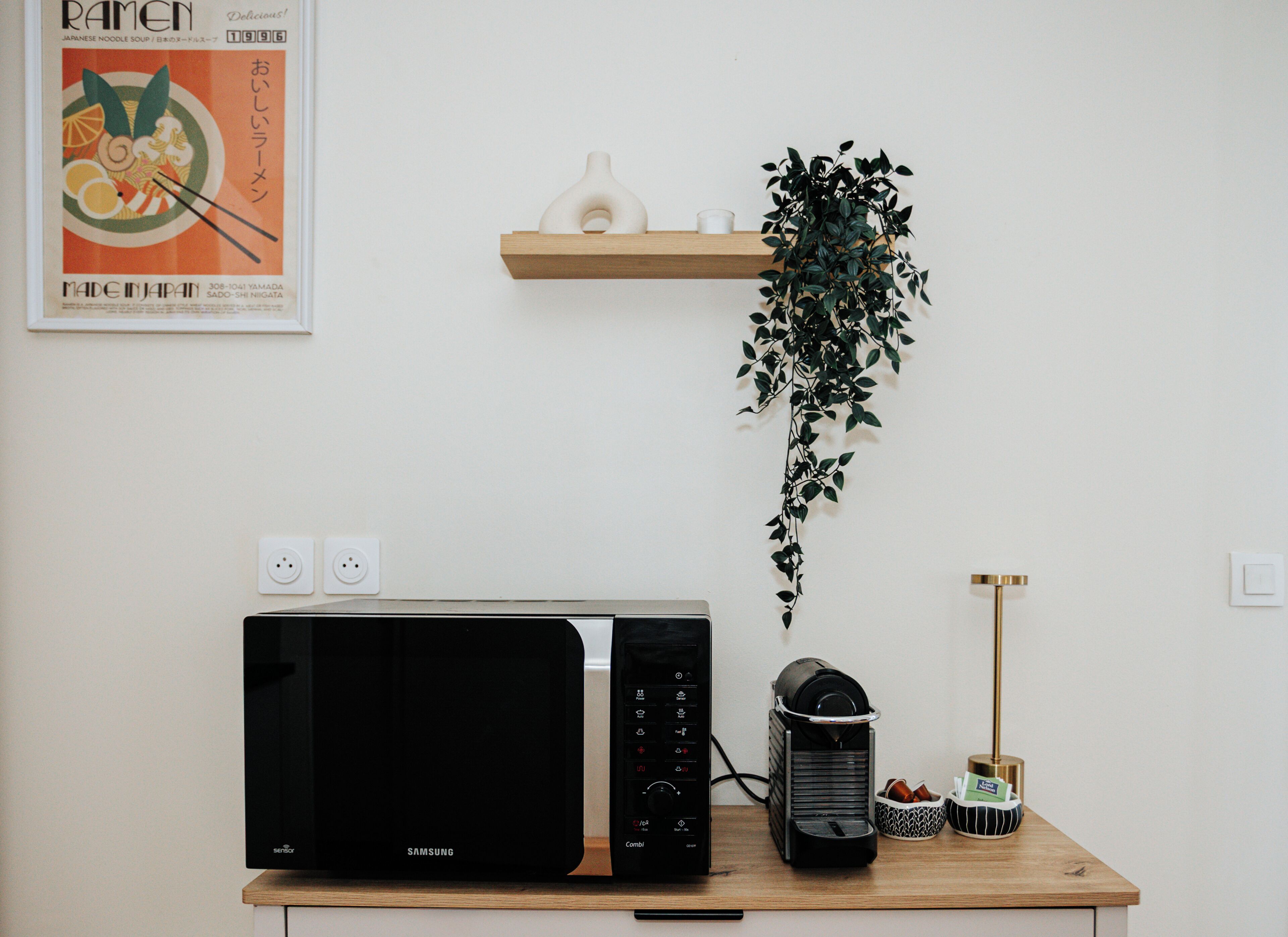 Una zona de cocina con microondas, cafetera y estante en la pared con una planta.