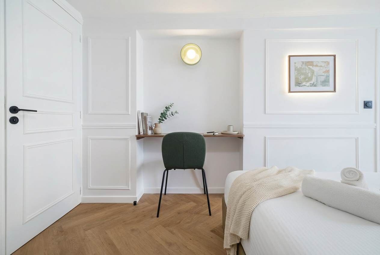A room with a bed, a desk with a chair, a wall-mounted light, and a framed picture.