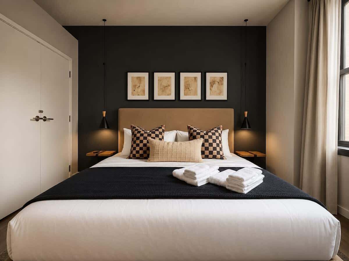 Quarto de hotel com uma cama grande, parede escura com obras de arte, janela com cortinas e uma porta.