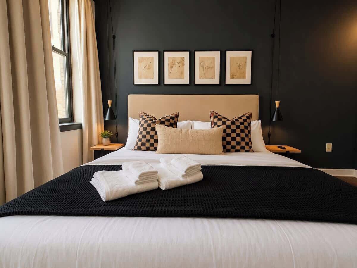 A neatly made bed with checkered pillows, a black throw blanket, and a stack of white towels.