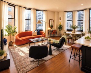 A modern living room with a sofa, chairs, a coffee table, and a dining area with a table and chairs. - Spacious 2BR Center City Gem | By Rafa Properties (Philadelphia)