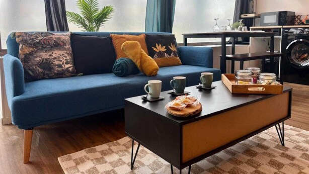 Un salon avec un canapé bleu, une table basse et un lave-linge à l’arrière-plan.