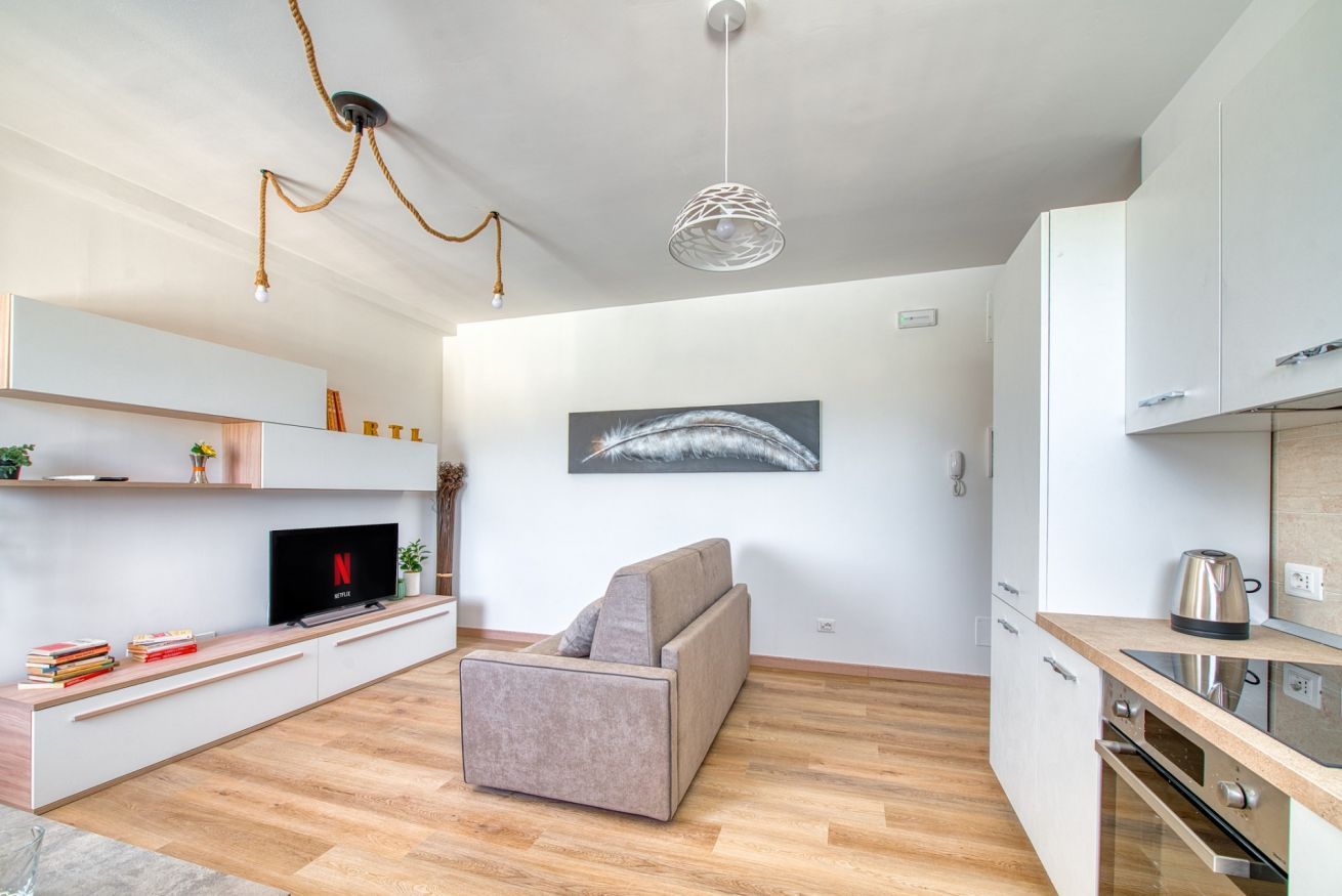 A modern living space with a flat-screen TV, sofa, pendant light, and kitchen area.