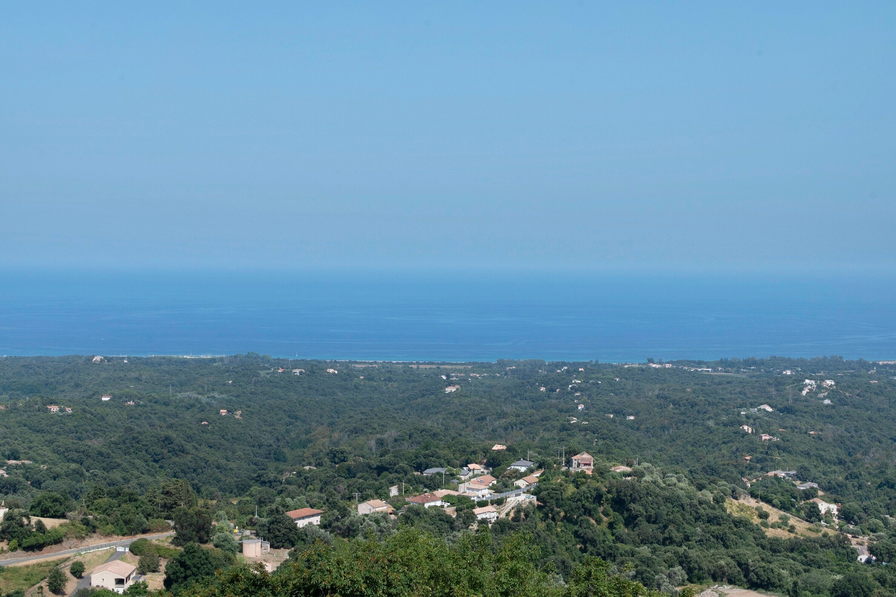 A coastal landscape with scattered houses and dense greenery.