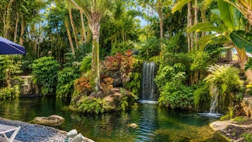 A serene garden with a pond, a waterfall, and lush vegetation.