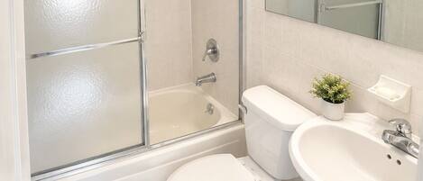 A bathroom with a glass-enclosed shower, a toilet, a sink, and a mirror.