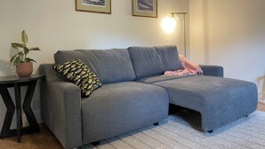 Ein graues Ecksofa mit einem gemusterten Kissen, einer Blumentopf-Pflanze und zwei gerahmten Kunstwerken an der Wand.