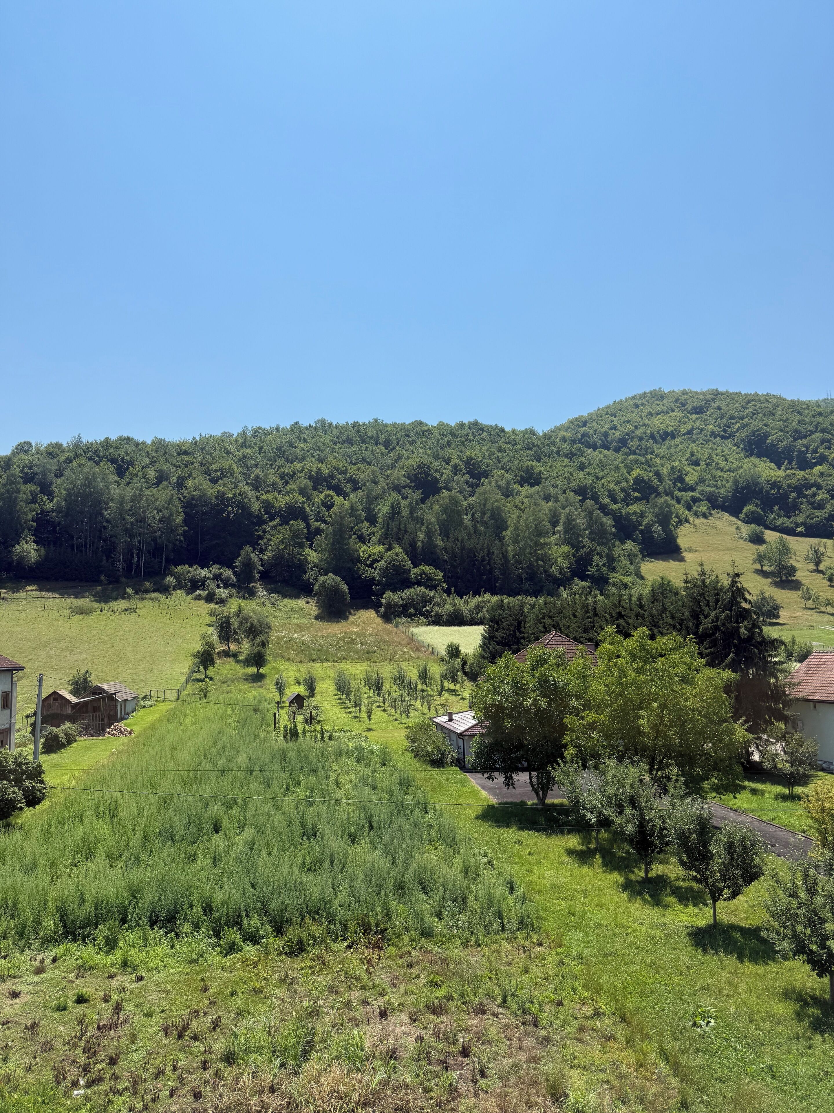 A rural landscape with a hill, trees, and a few buildings.