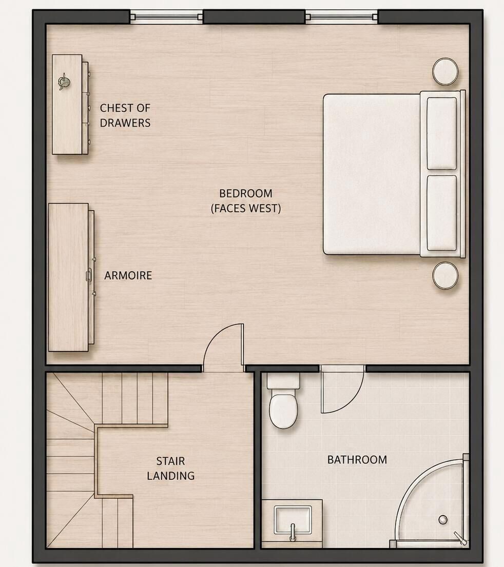 Un dormitorio con cómoda, armario y baño.