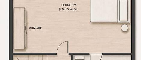 Un dormitorio con cómoda, armario y baño.