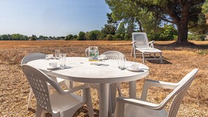 A round outdoor table with chairs, a pitcher, and glasses, set in a field with a tree in the background. - Duplex No. 2345 – 40m² – Seaside Residence (Port-des-Barques)