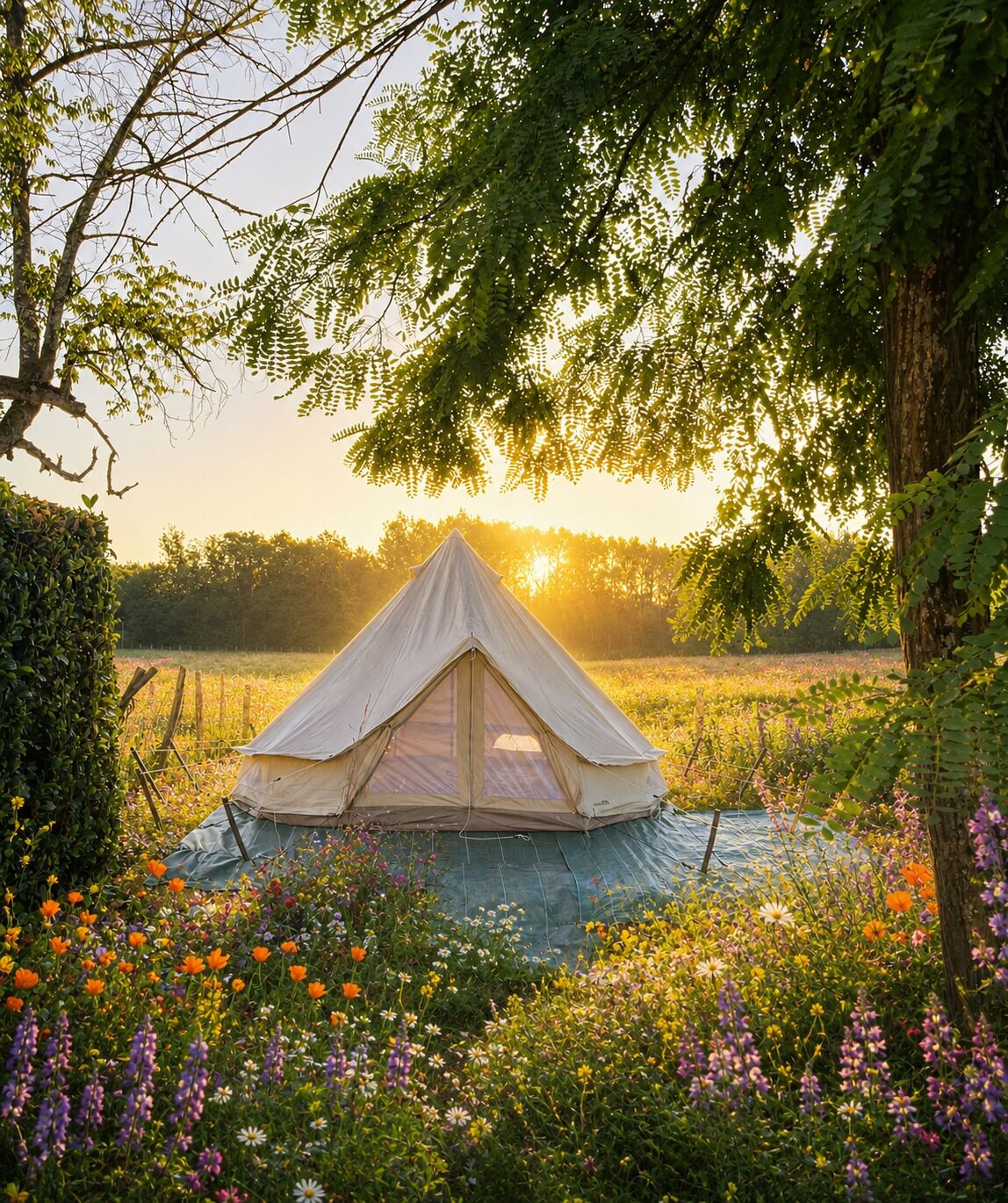 Ein Zelt inmitten einer natürlichen Landschaft mit verschiedenen Wildblumen und Bäumen.