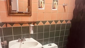 A bathroom with a white sink, a toilet, and a mirror above the sink.