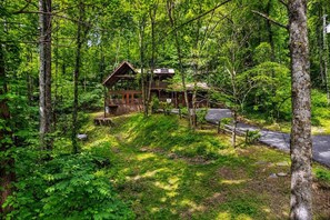 A cabin surrounded by dense forest, with a covered deck and a paved path leading to it. - 3BR w/Hot Tub*Games*Privacy*15 mins to Dollywood (Sevierville)