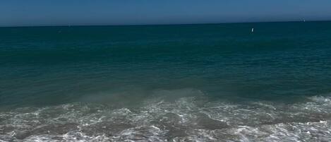 Une plage avec une eau claire et un horizon bien visible.